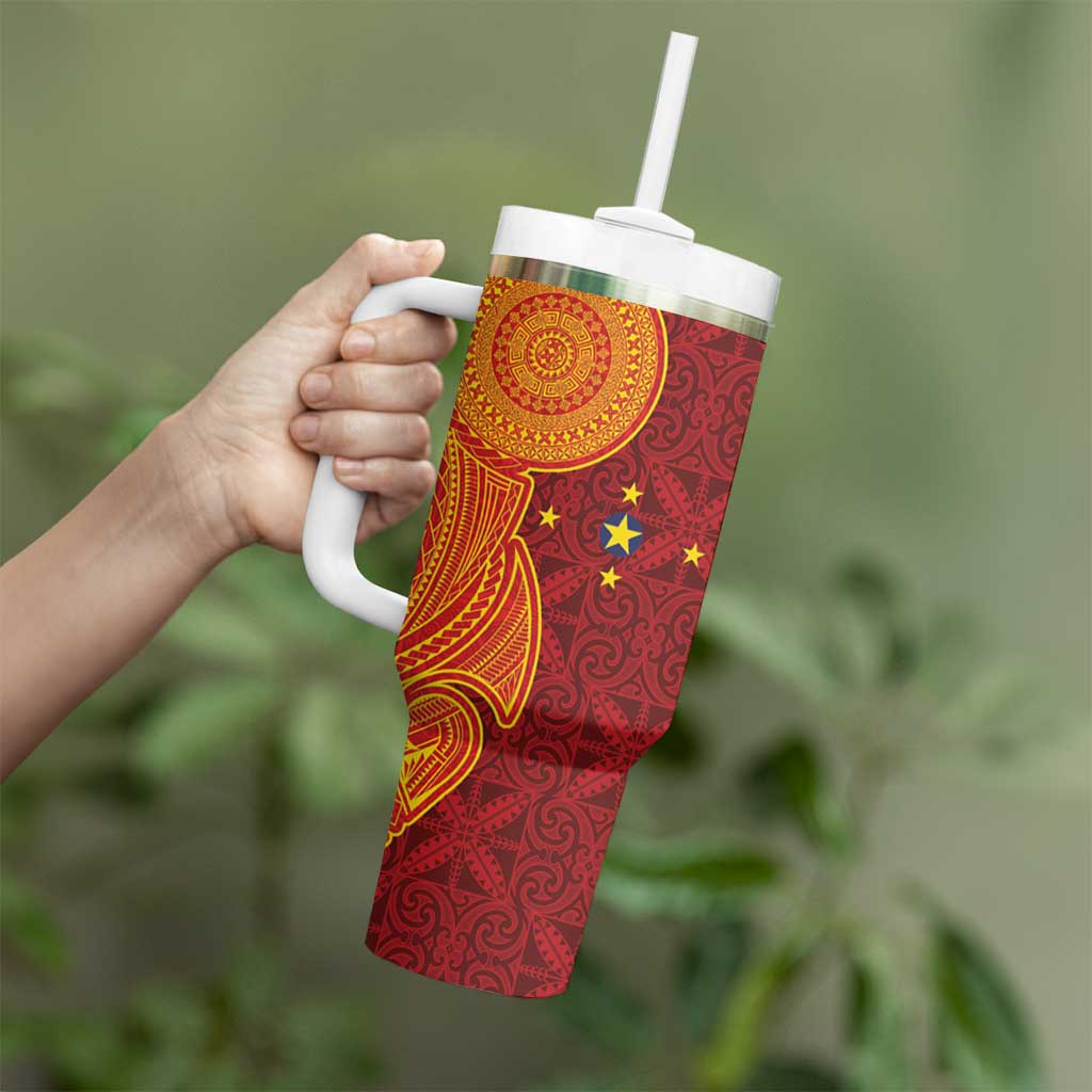 Niue Polynesian Hiapo Tattoo Art Tumbler With Handle Half Style Red Yellow Color - Polynesian Pride