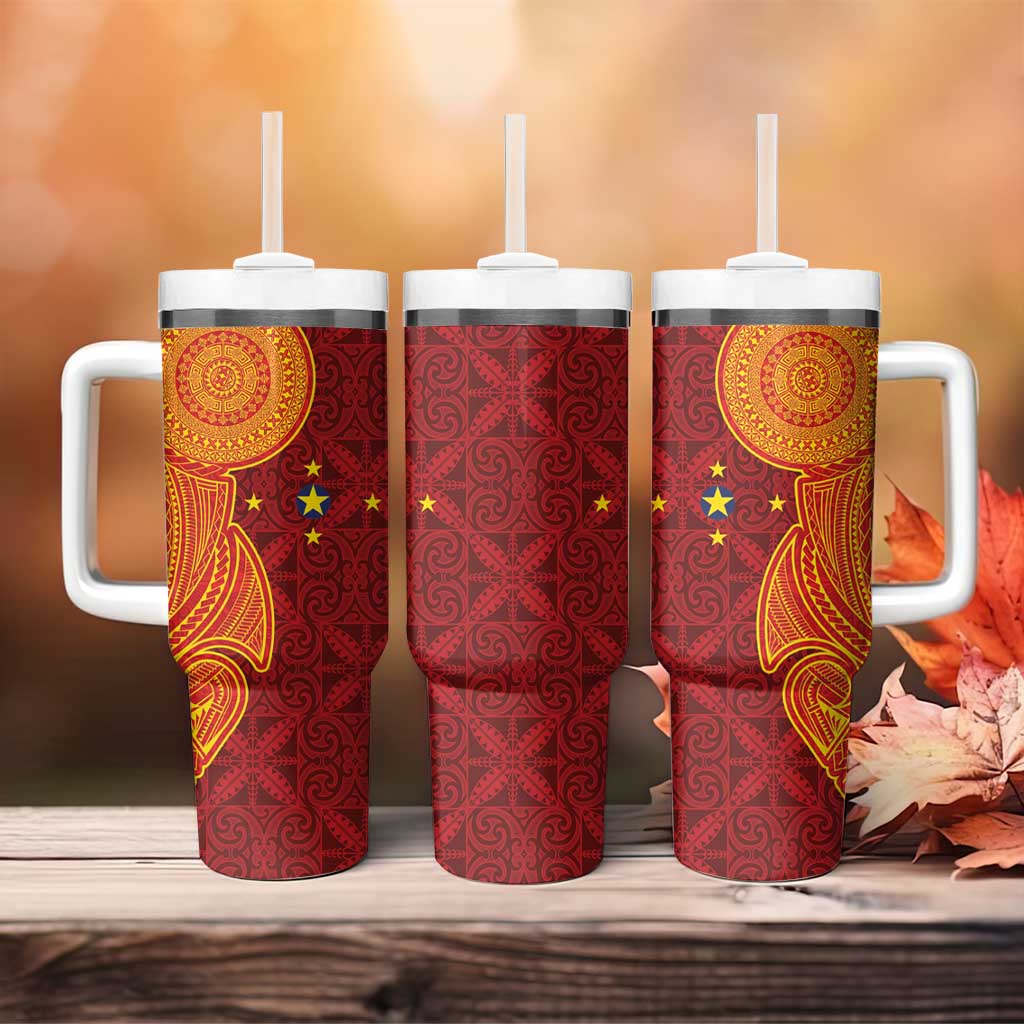 Niue Polynesian Hiapo Tattoo Art Tumbler With Handle Half Style Red Yellow Color - Polynesian Pride