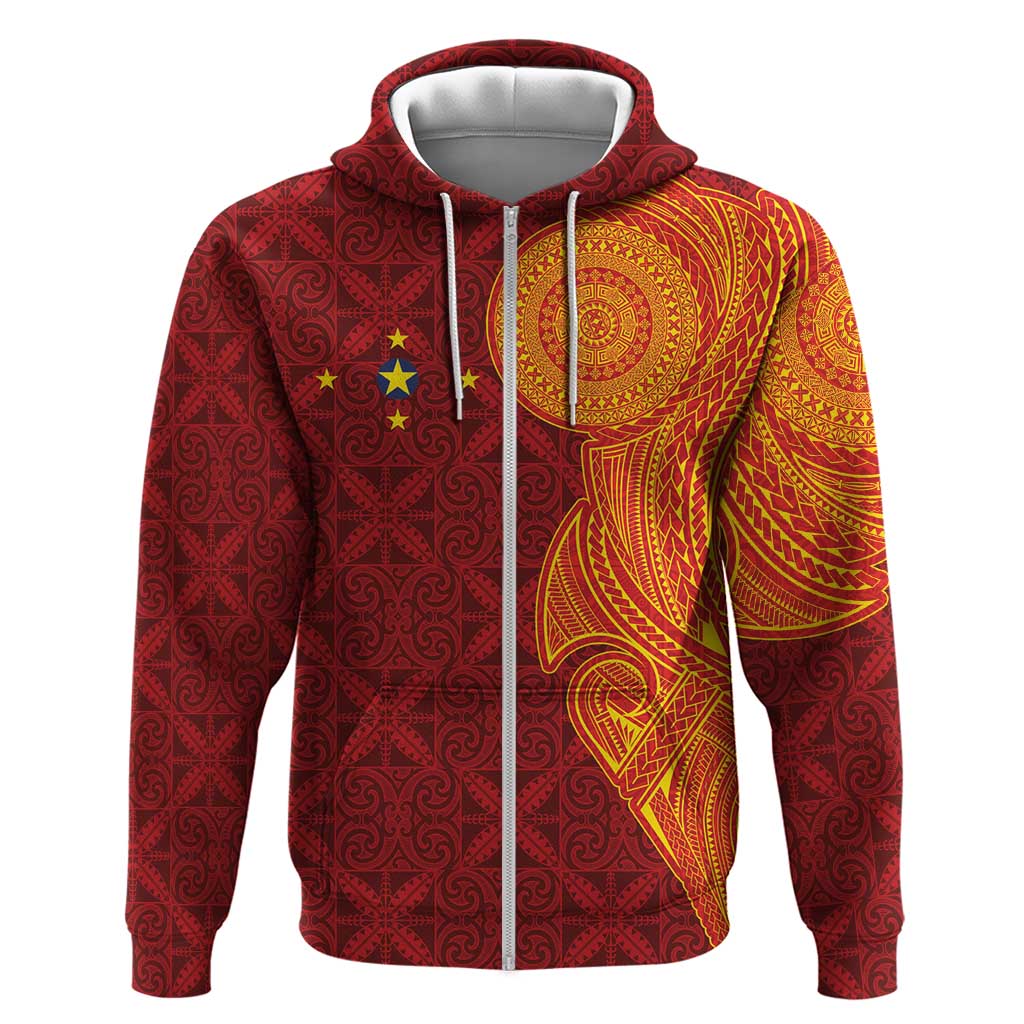 Niue Polynesian Hiapo Tattoo Art Zip Hoodie Half Style Red Yellow Color - Polynesian Pride