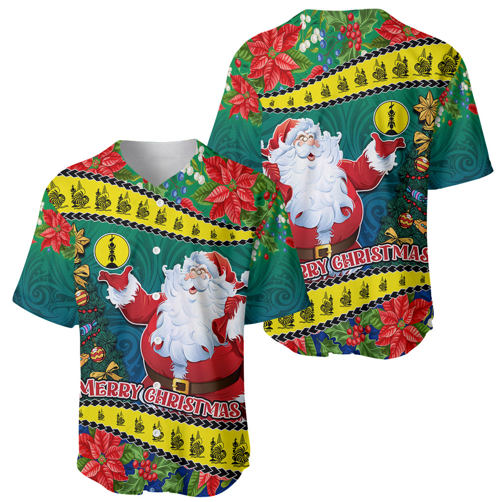 New Caledonia Christmas Baseball Jersey Santa Claus and Kanak Flag Mix Poinsettia Maori Pattern LT03 - Polynesian Pride