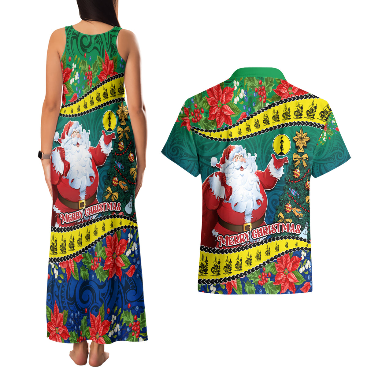 New Caledonia Christmas Couples Matching Tank Maxi Dress and Hawaiian Shirt Santa Claus and Kanak Flag Mix Poinsettia Maori Pattern LT03 - Polynesian Pride