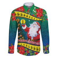New Caledonia Christmas Family Matching Off Shoulder Maxi Dress and Hawaiian Shirt Santa Claus and Kanak Flag Mix Poinsettia Maori Pattern LT03 Dad's Shirt - Long Sleeve Green - Polynesian Pride