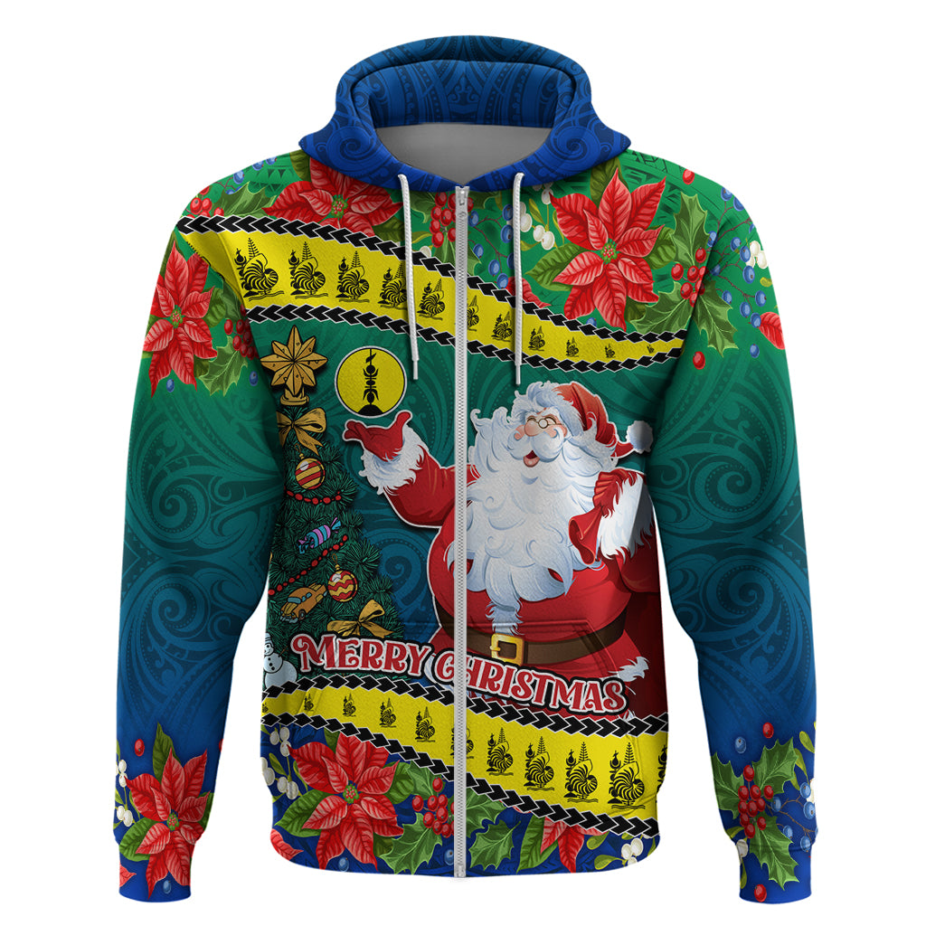 New Caledonia Christmas Hoodie Santa Claus and Kanak Flag Mix Poinsettia Maori Pattern LT03 - Polynesian Pride