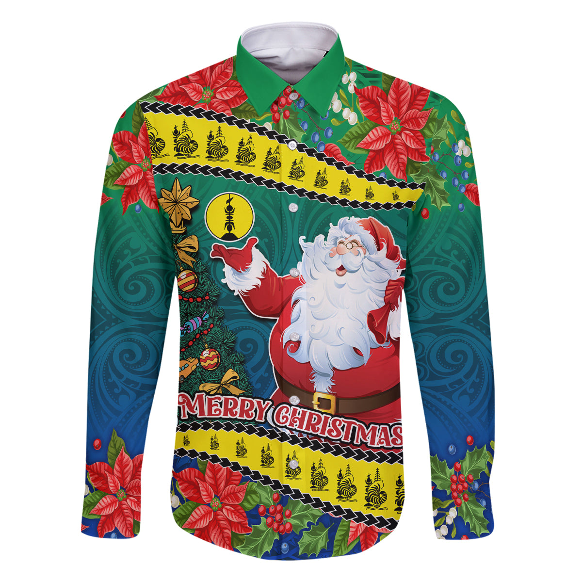 Personalised New Caledonia Christmas Family Matching Off Shoulder Maxi Dress and Hawaiian Shirt Santa Claus and Kanak Flag Mix Poinsettia Maori Pattern LT03 Dad's Shirt - Long Sleeve Green - Polynesian Pride