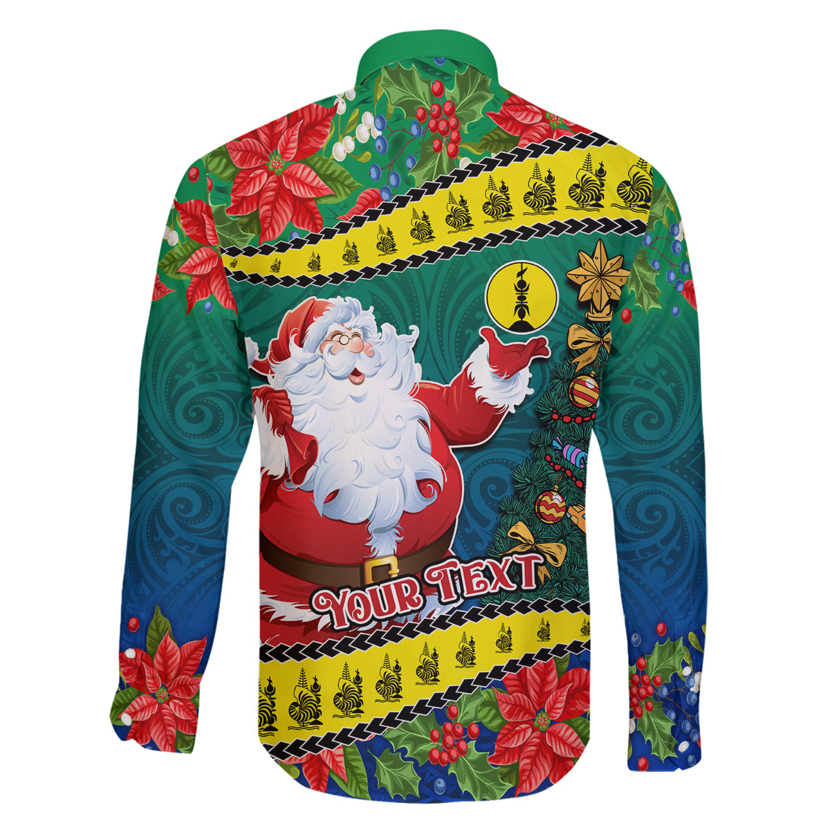 Personalised New Caledonia Christmas Family Matching Puletasi Dress and Hawaiian Shirt Santa Claus and Kanak Flag Mix Poinsettia Maori Pattern LT03 - Polynesian Pride