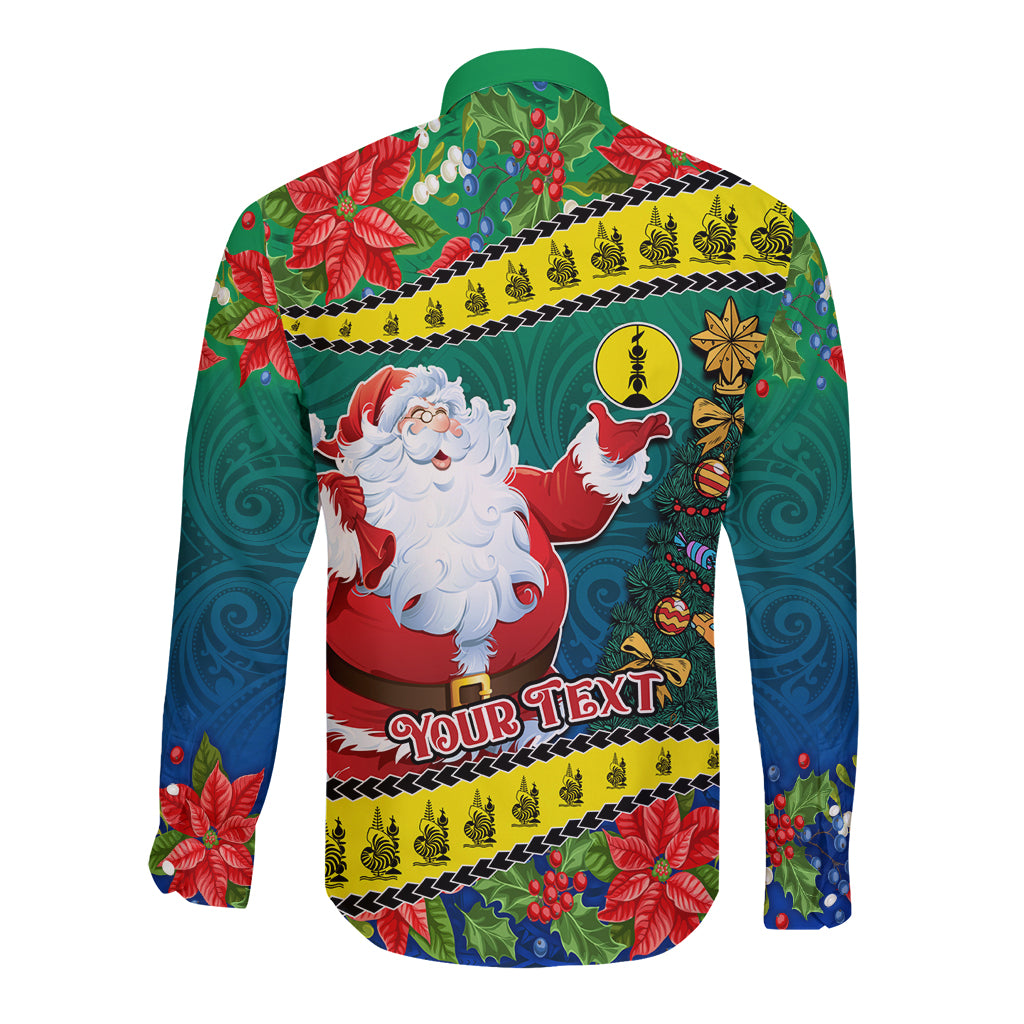 Personalised New Caledonia Christmas Long Sleeve Button Shirt Santa Claus and Kanak Flag Mix Poinsettia Maori Pattern LT03 - Polynesian Pride