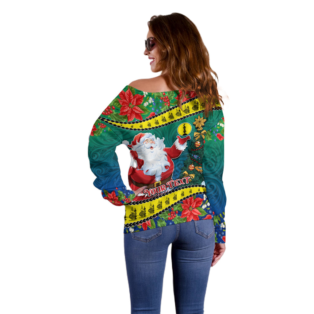 Personalised New Caledonia Christmas Off Shoulder Sweater Santa Claus and Kanak Flag Mix Poinsettia Maori Pattern LT03 - Polynesian Pride