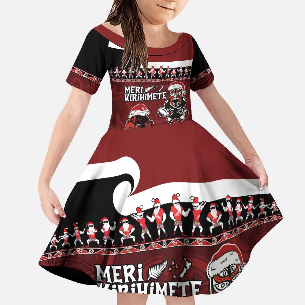 New Zealand Christmas Family Matching Tank Maxi Dress and Hawaiian Shirt Meri Kirihimete Aotearoa Warrior on Waka with Maori Art Tattoo LT03 Daughter's Dress Red - Polynesian Pride