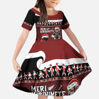 New Zealand Christmas Family Matching Tank Maxi Dress and Hawaiian Shirt Meri Kirihimete Aotearoa Warrior on Waka with Maori Art Tattoo LT03 Daughter's Dress Red - Polynesian Pride