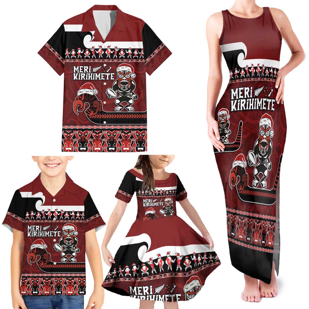 New Zealand Christmas Family Matching Tank Maxi Dress and Hawaiian Shirt Meri Kirihimete Aotearoa Warrior on Waka with Maori Art Tattoo LT03 - Polynesian Pride