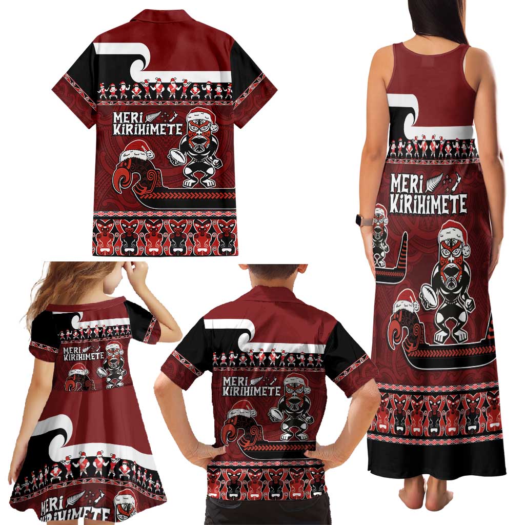 New Zealand Christmas Family Matching Tank Maxi Dress and Hawaiian Shirt Meri Kirihimete Aotearoa Warrior on Waka with Maori Art Tattoo LT03 - Polynesian Pride