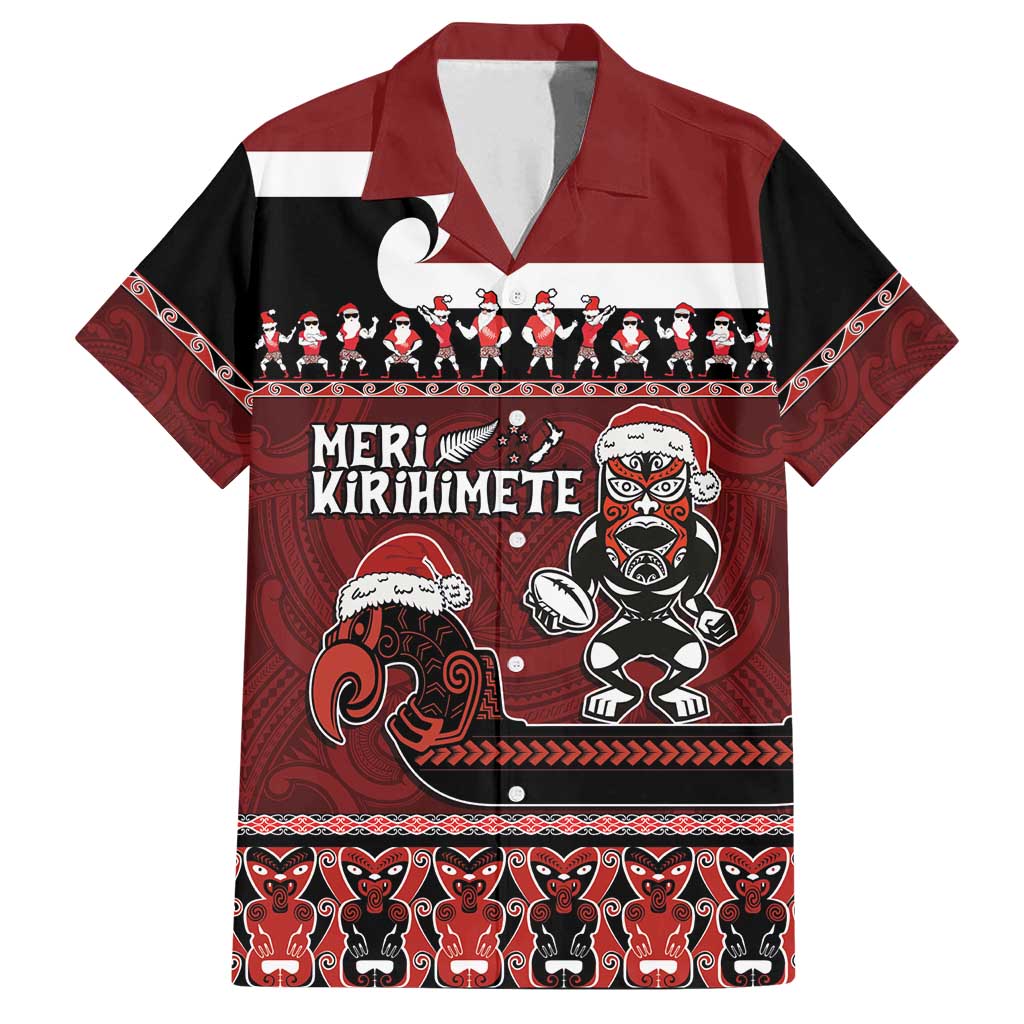 New Zealand Christmas Family Matching Tank Maxi Dress and Hawaiian Shirt Meri Kirihimete Aotearoa Warrior on Waka with Maori Art Tattoo LT03 Dad's Shirt - Short Sleeve Red - Polynesian Pride