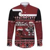 New Zealand Christmas Family Matching Tank Maxi Dress and Hawaiian Shirt Meri Kirihimete Aotearoa Warrior on Waka with Maori Art Tattoo LT03 Dad's Shirt - Long Sleeve Red - Polynesian Pride