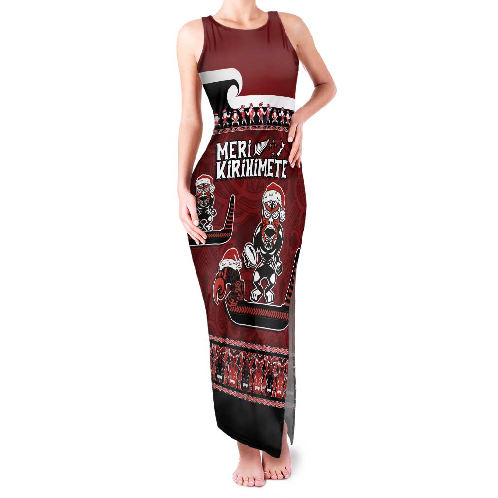 New Zealand Christmas Family Matching Tank Maxi Dress and Hawaiian Shirt Meri Kirihimete Aotearoa Warrior on Waka with Maori Art Tattoo LT03 Mom's Dress Red - Polynesian Pride