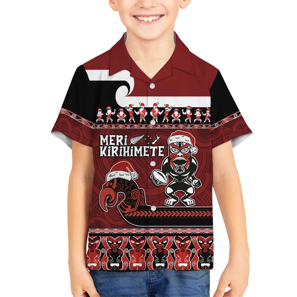 New Zealand Christmas Family Matching Tank Maxi Dress and Hawaiian Shirt Meri Kirihimete Aotearoa Warrior on Waka with Maori Art Tattoo LT03 Son's Shirt Red - Polynesian Pride