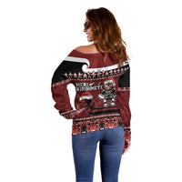 New Zealand Christmas Off Shoulder Sweater Meri Kirihimete Aotearoa Warrior on Waka with Maori Art Tattoo