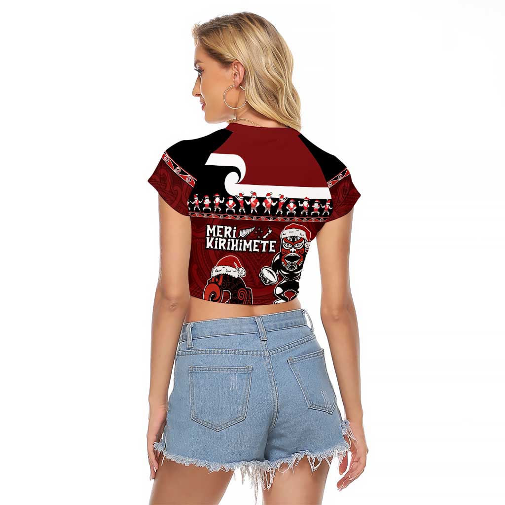 New Zealand Christmas Raglan Cropped T Shirt Meri Kirihimete Aotearoa Warrior on Waka with Maori Art Tattoo