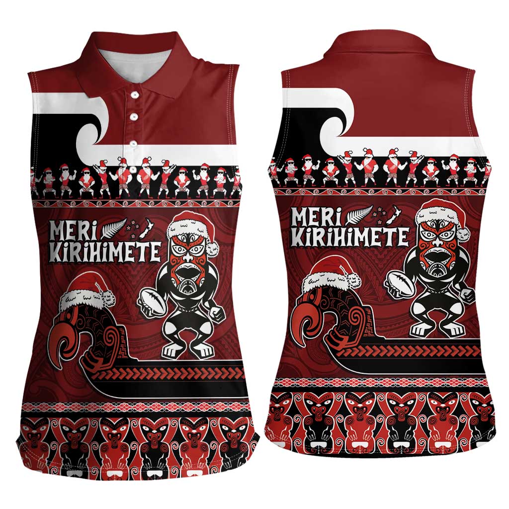 New Zealand Christmas Women Sleeveless Polo Shirt Meri Kirihimete Aotearoa Warrior on Waka with Maori Art Tattoo