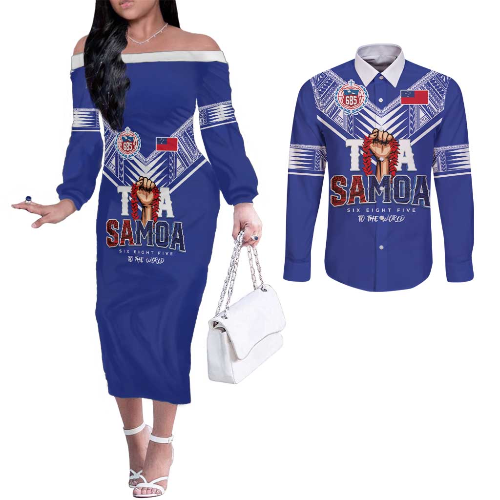 Toa Samoa Rugby Couples Matching Off The Shoulder Long Sleeve Dress and Long Sleeve Button Shirt Six Eight Five to The World