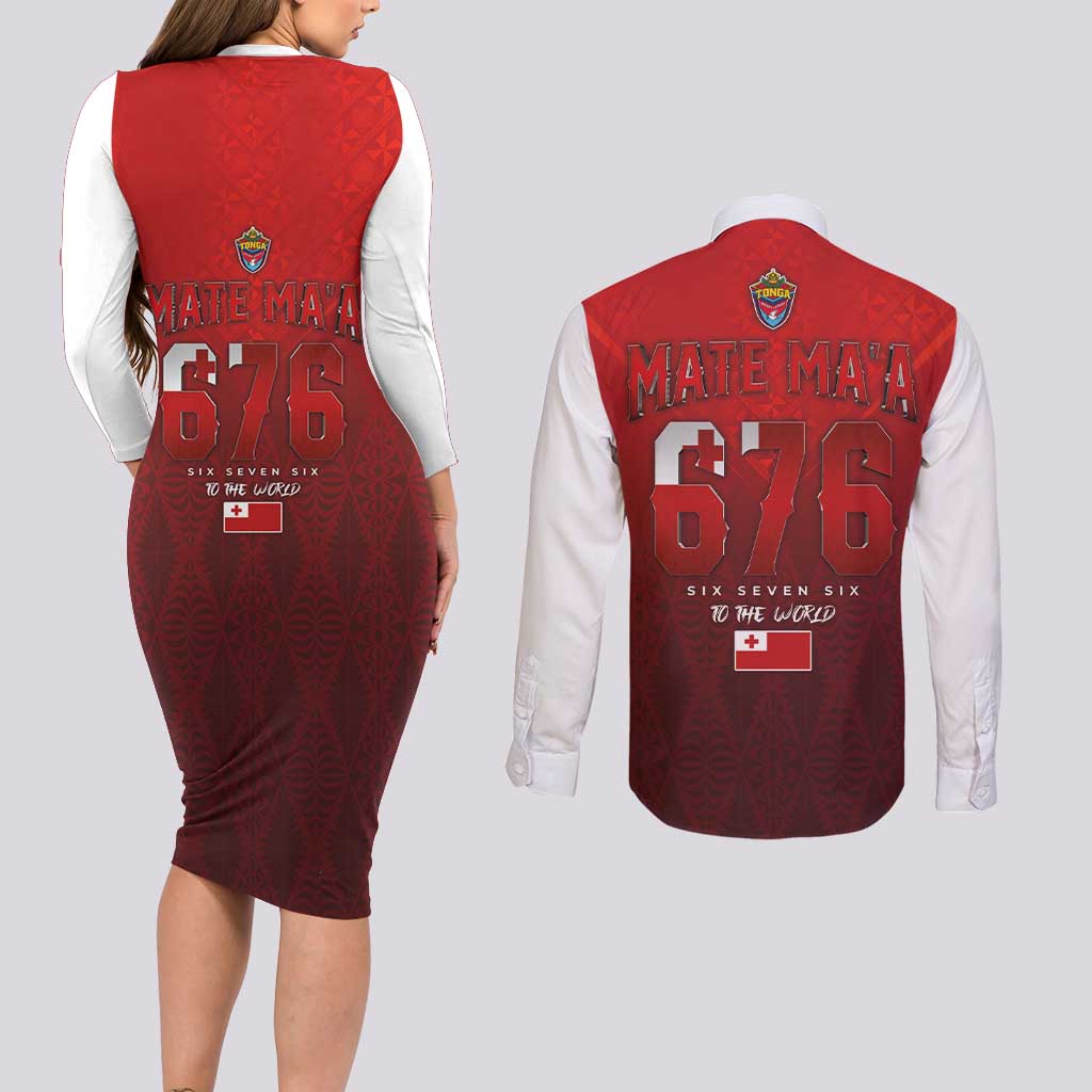 Mate Ma'a Tonga Rugby Couples Matching Long Sleeve Bodycon Dress and Long Sleeve Button Shirt Six Seven Six to The World