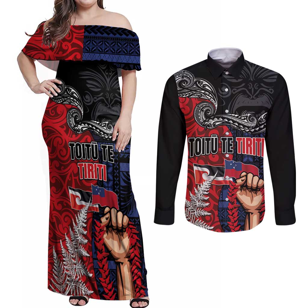 Aotearoa and Samoa Toitu Te Tiriti Couples Matching Off Shoulder Maxi Dress and Long Sleeve Button Shirt Honour the Treaty - Te Tiriti Is Us