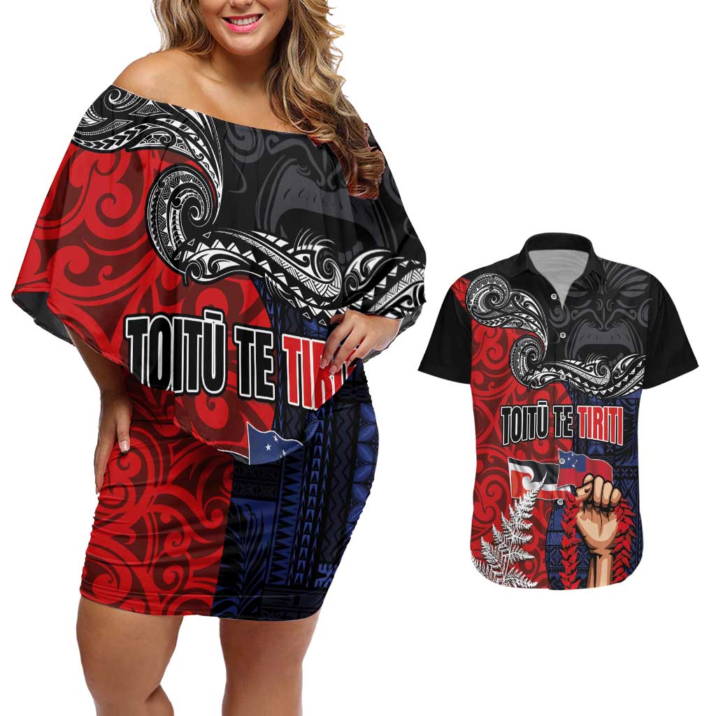 Aotearoa and Samoa Toitu Te Tiriti Couples Matching Off Shoulder Short Dress and Hawaiian Shirt Honour the Treaty - Te Tiriti Is Us