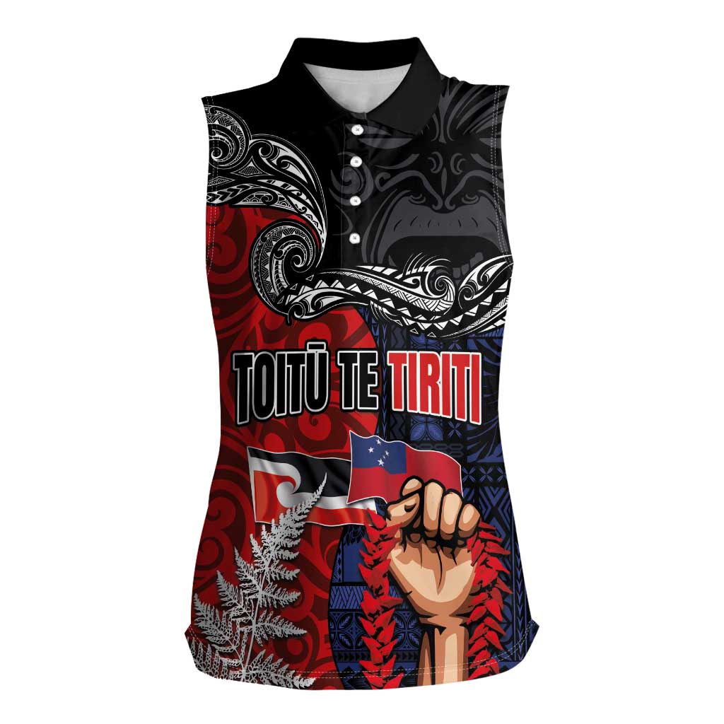 Aotearoa and Samoa Toitu Te Tiriti Women Sleeveless Polo Shirt Honour the Treaty - Te Tiriti Is Us LT03 Female Black - Polynesian Pride