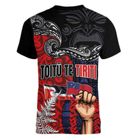 Aotearoa and Samoa Toitu Te Tiriti Women V-Neck T-Shirt Honour the Treaty - Te Tiriti Is Us