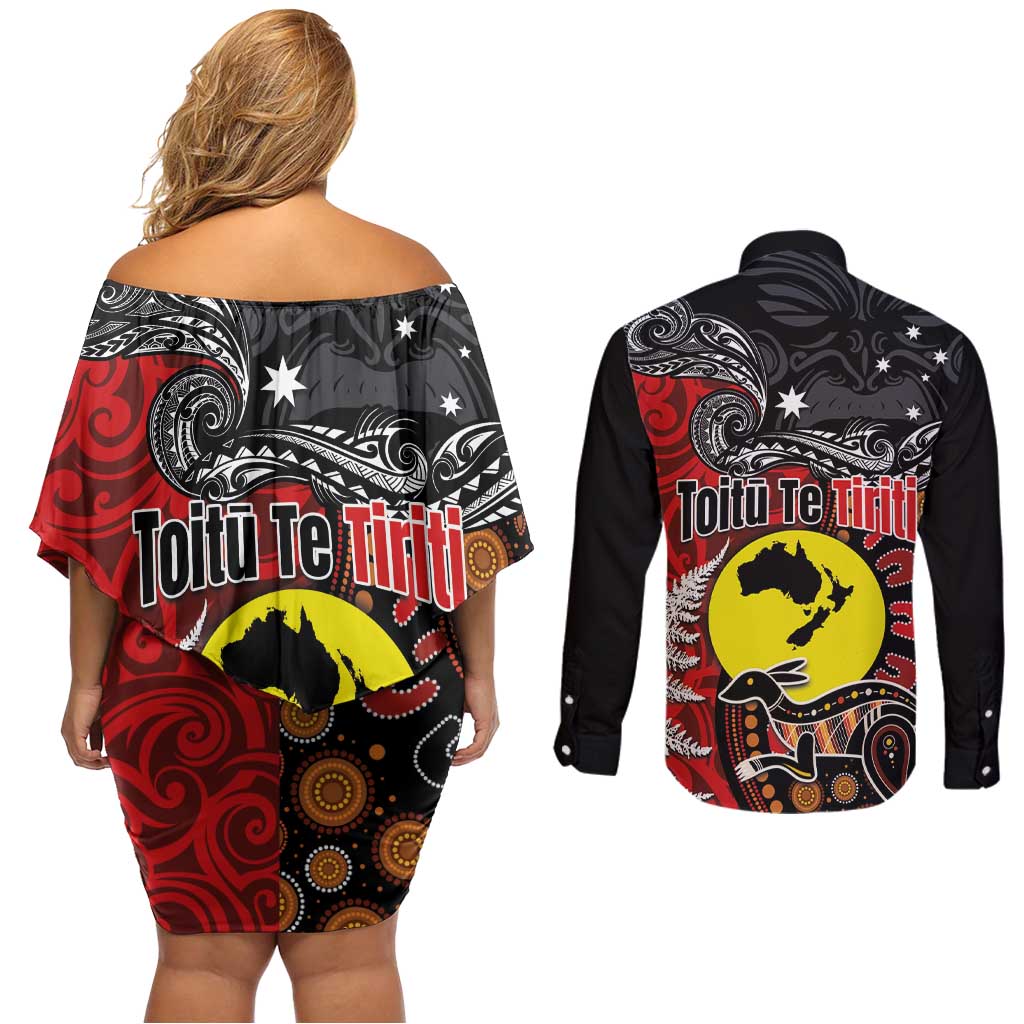Aotearoa and Australia Toitu Te Tiriti Couples Matching Off Shoulder Short Dress and Long Sleeve Button Shirt Honour the Treaty - Te Tiriti Is Us