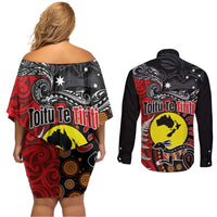 Aotearoa and Australia Toitu Te Tiriti Couples Matching Off Shoulder Short Dress and Long Sleeve Button Shirt Honour the Treaty - Te Tiriti Is Us