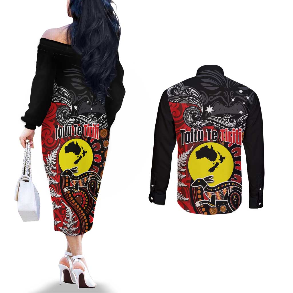 Aotearoa and Australia Toitu Te Tiriti Couples Matching Off The Shoulder Long Sleeve Dress and Long Sleeve Button Shirt Honour the Treaty - Te Tiriti Is Us