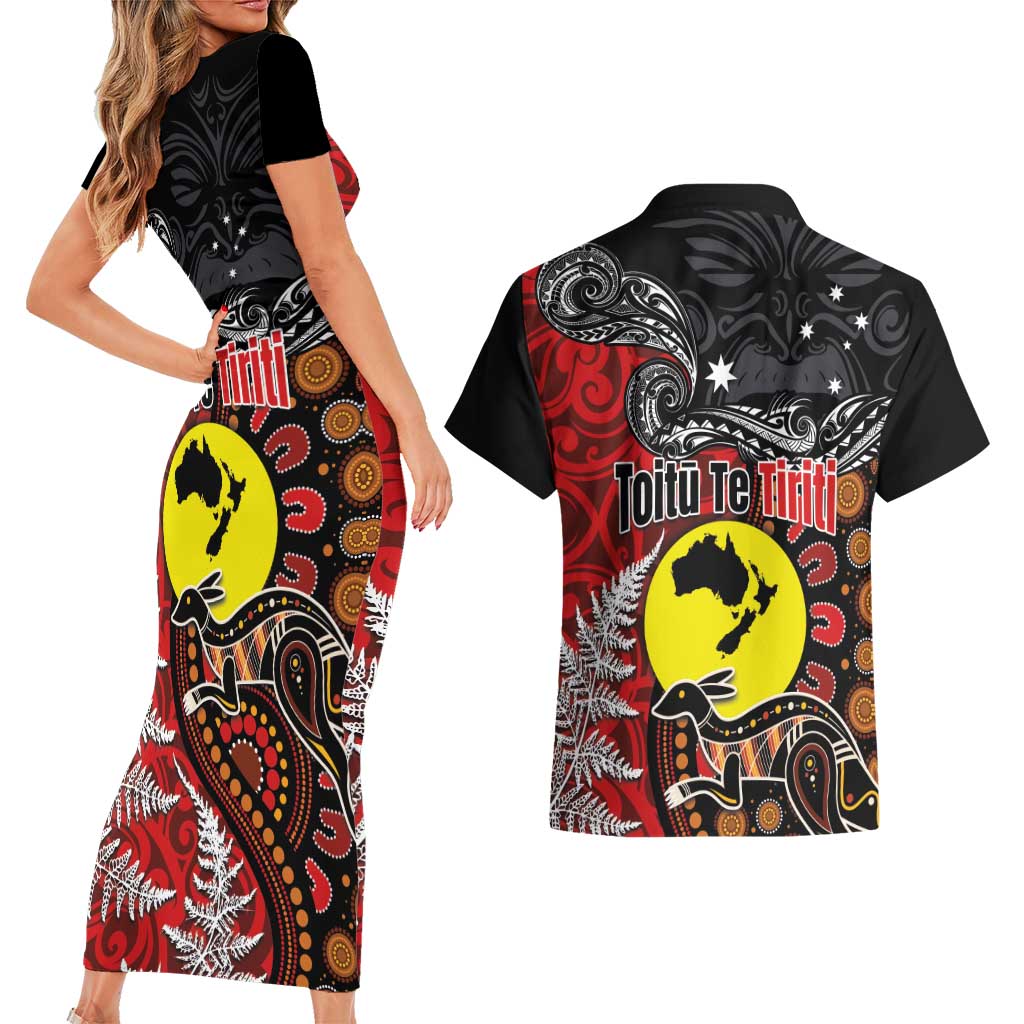 Aotearoa and Australia Toitu Te Tiriti Couples Matching Short Sleeve Bodycon Dress and Hawaiian Shirt Honour the Treaty - Te Tiriti Is Us
