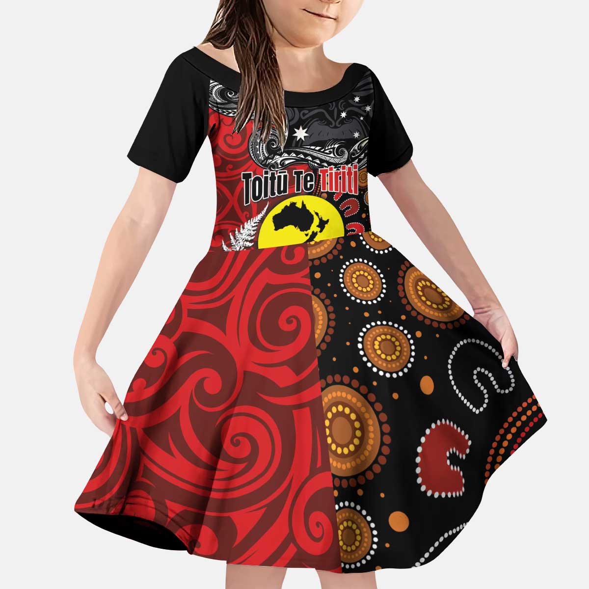 Aotearoa and Australia Toitu Te Tiriti Kid Short Sleeve Dress Honour the Treaty - Te Tiriti Is Us LT03 KID Black - Polynesian Pride