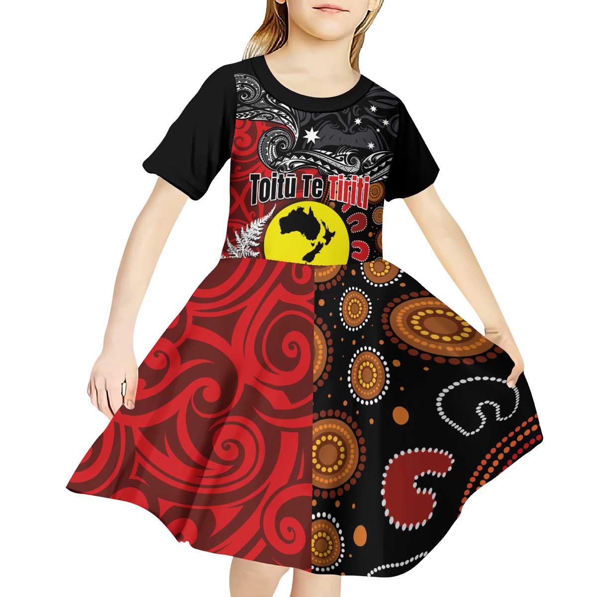 Aotearoa and Australia Toitu Te Tiriti Kid Short Sleeve Dress Honour the Treaty - Te Tiriti Is Us LT03 - Polynesian Pride