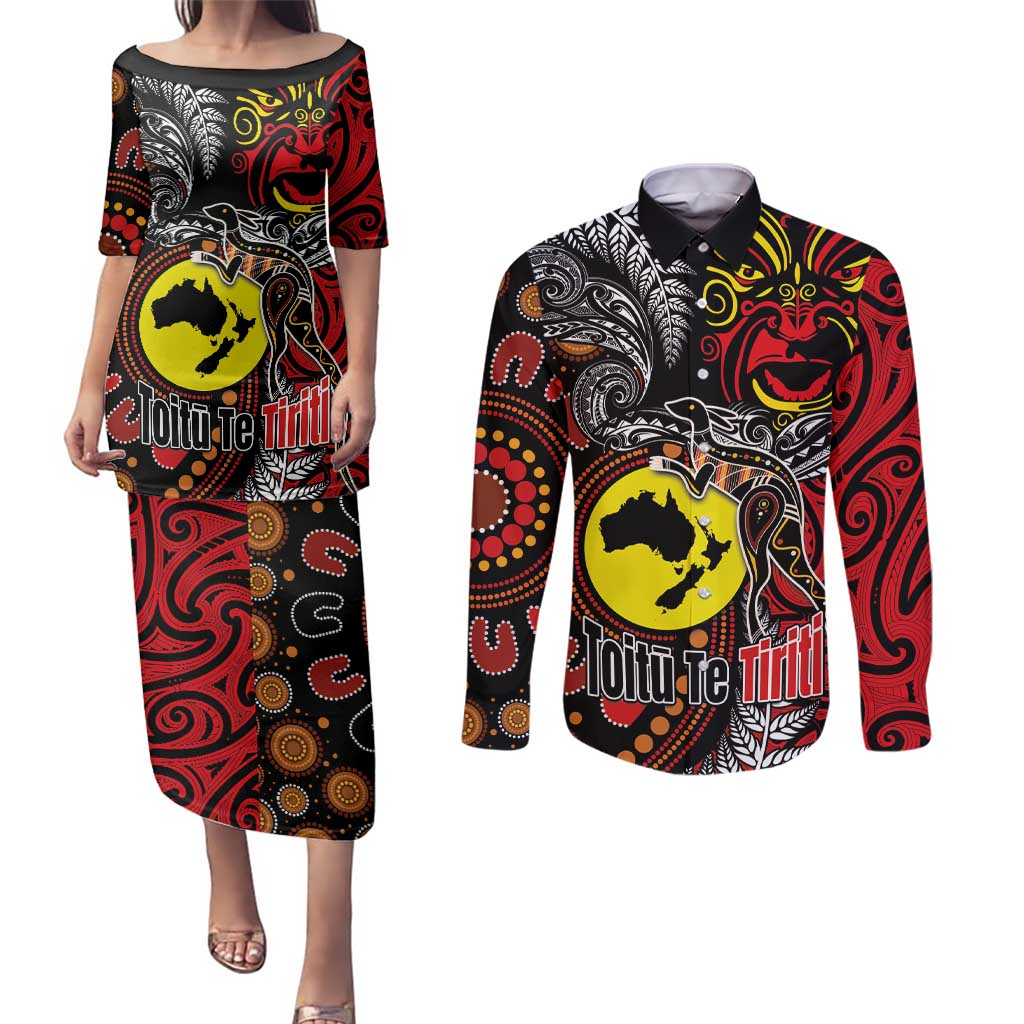 Aotearoa and Australia Toitu Te Tiriti Couples Matching Puletasi and Long Sleeve Button Shirt Honour the Treaty - Stand Together Stand Stronger