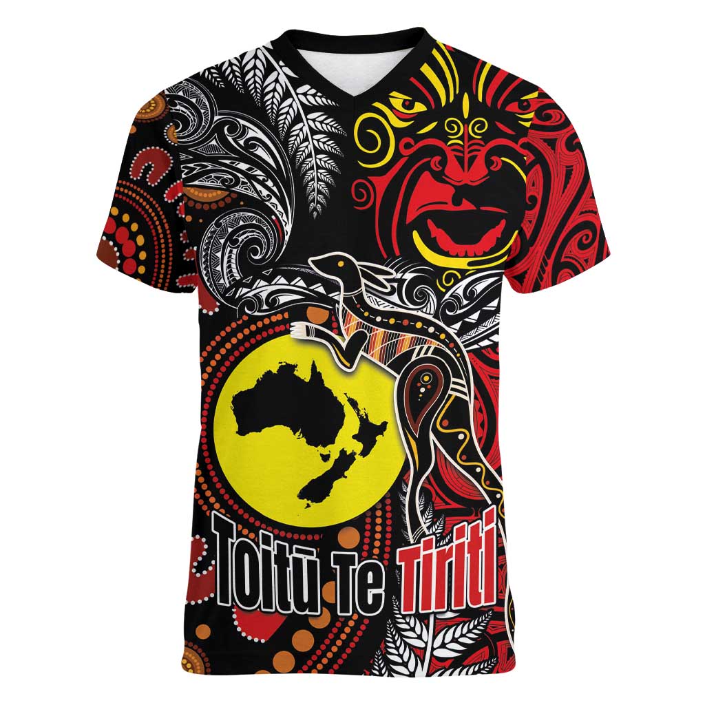 Aotearoa and Australia Toitu Te Tiriti Women V-Neck T-Shirt Honour the Treaty - Stand Together Stand Stronger LT03 Female Black - Polynesian Pride