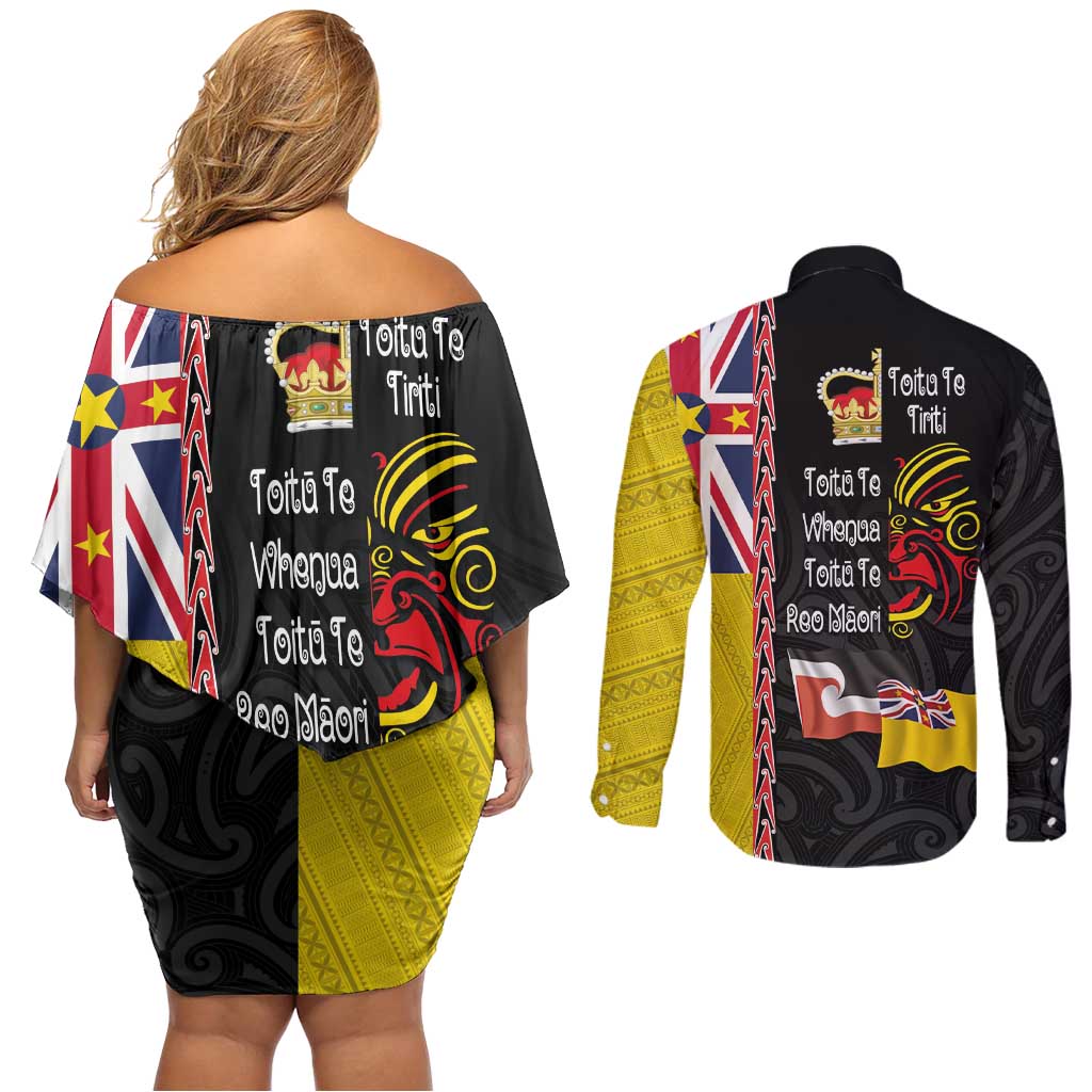 Aotearoa and Niue Toitu Te Tiriti Couples Matching Off Shoulder Short Dress and Long Sleeve Button Shirt Honour the Treaty - Fight Together Stand Together