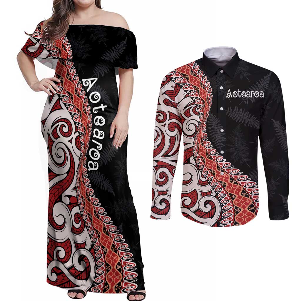 Aotearoa Maori Stylized Koru - Silver Ferns Couples Matching Off Shoulder Maxi Dress and Long Sleeve Button Shirt LT03 Red - Polynesian Pride