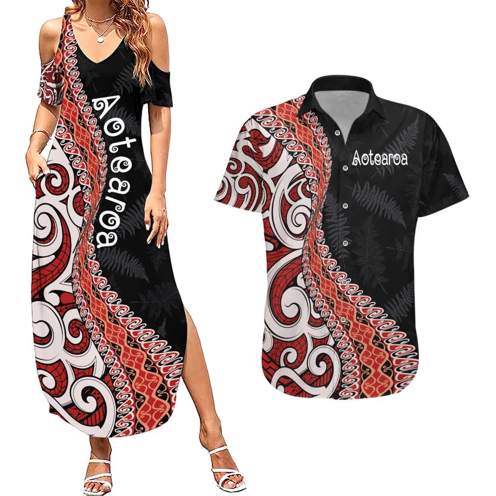 Aotearoa Maori Stylized Koru - Silver Ferns Couples Matching Summer Maxi Dress and Hawaiian Shirt