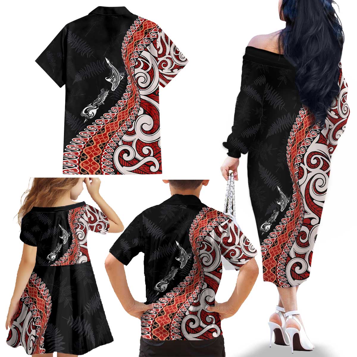 Aotearoa Maori Stylized Koru - Silver Ferns Family Matching Off The Shoulder Long Sleeve Dress and Hawaiian Shirt