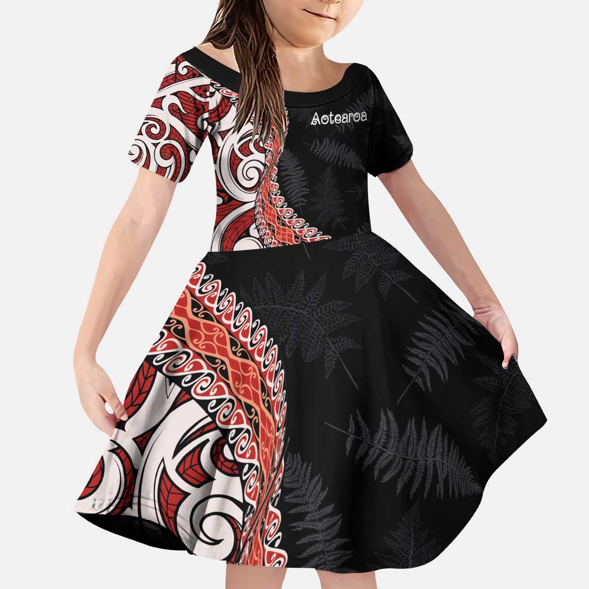 Aotearoa Maori Stylized Koru - Silver Ferns Kid Short Sleeve Dress LT03 KID Red - Polynesian Pride