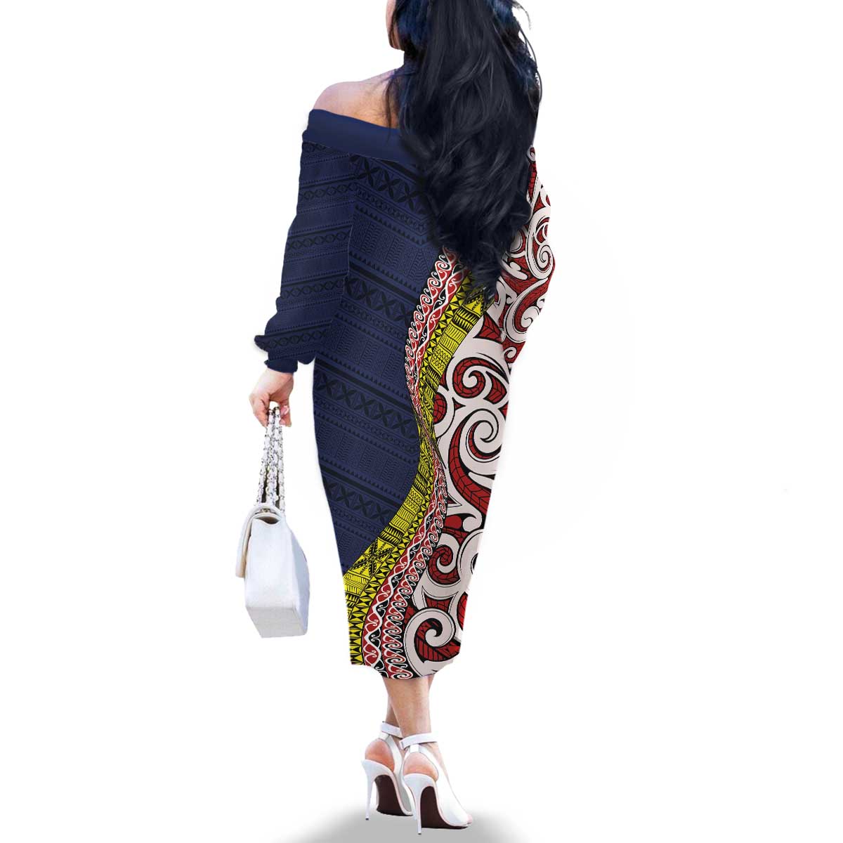 Aotearoa and Niue Family Matching Off The Shoulder Long Sleeve Dress and Hawaiian Shirt Hiapo Maori Stylized Koru