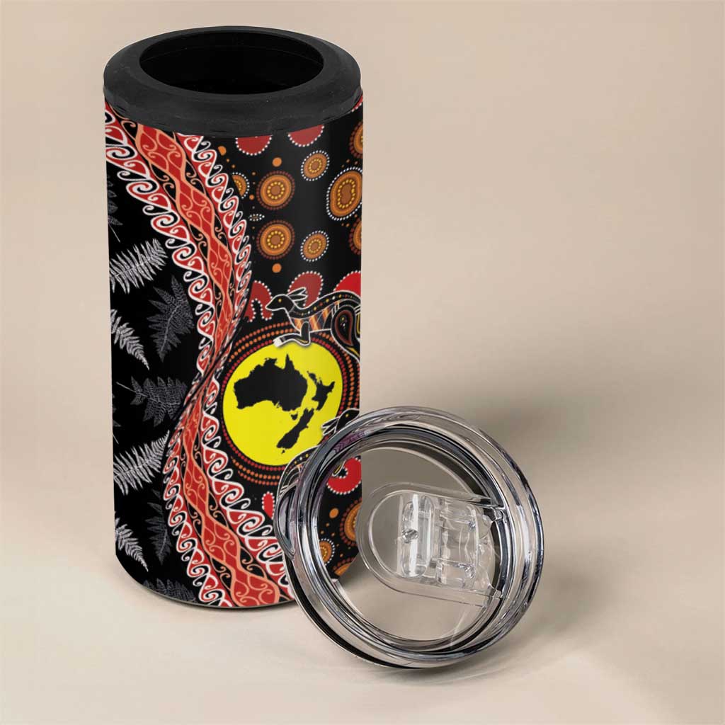 Aotearoa and Australia 4 in 1 Can Cooler Tumbler Maori Koru Ferns With Aboriginal Kangaroo