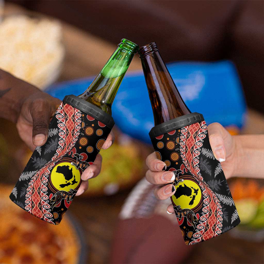 Aotearoa and Australia 4 in 1 Can Cooler Tumbler Maori Koru Ferns With Aboriginal Kangaroo