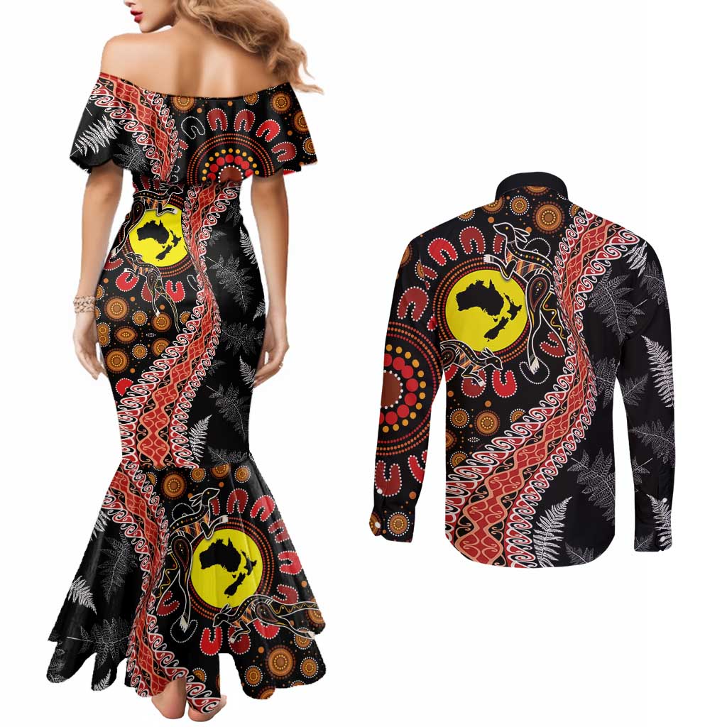Aotearoa and Australia Couples Matching Mermaid Dress and Long Sleeve Button Shirt Maori Koru Ferns With Aboriginal Kangaroo
