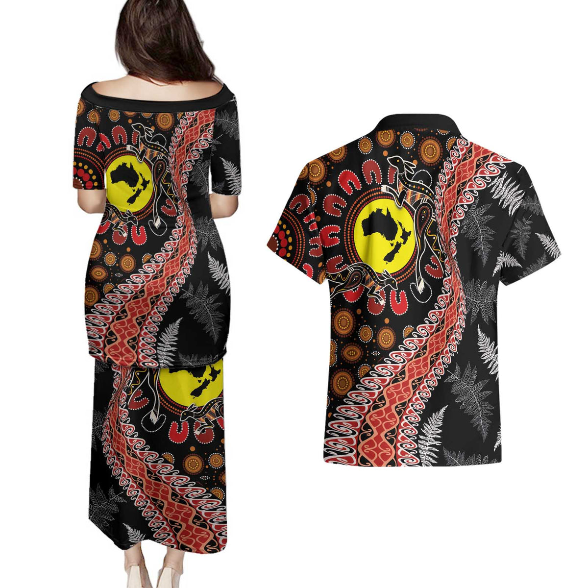 Aotearoa and Australia Couples Matching Puletasi and Hawaiian Shirt Maori Koru Ferns With Aboriginal Kangaroo