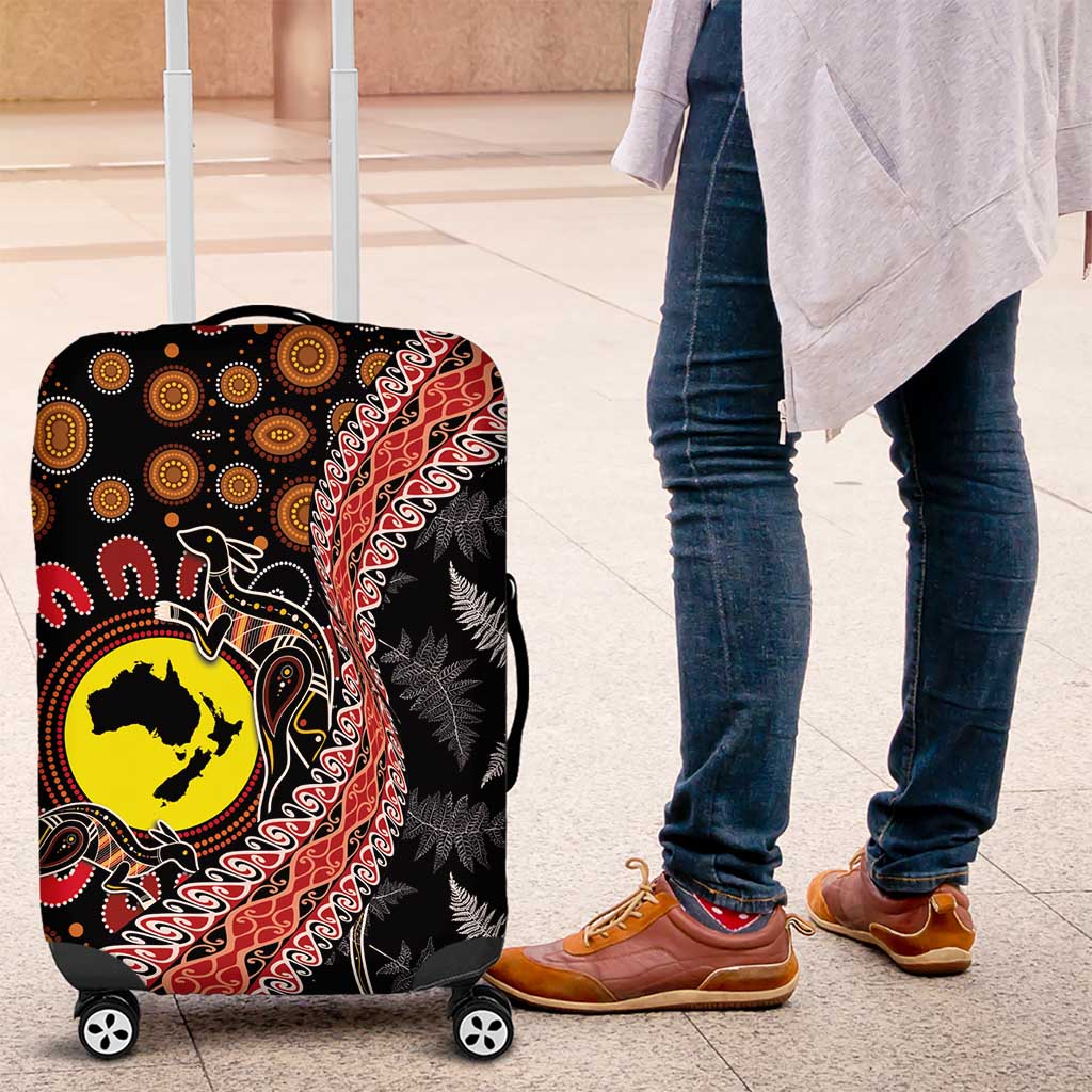 Aotearoa and Australia Luggage Cover Maori Koru Ferns With Aboriginal Kangaroo