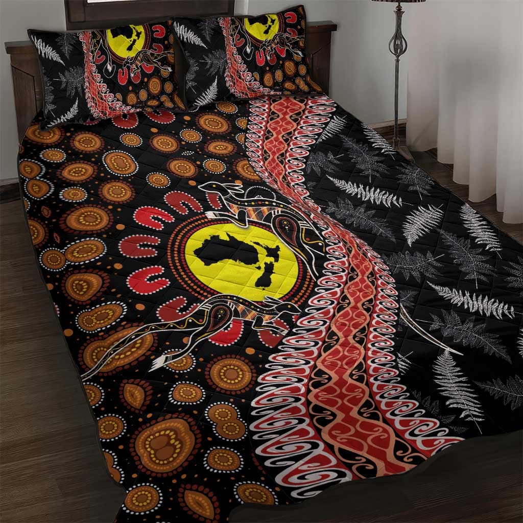 Aotearoa and Australia Quilt Bed Set Maori Koru Ferns With Aboriginal Kangaroo