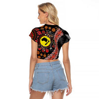 Aotearoa and Australia Raglan Cropped T Shirt Maori Koru Ferns With Aboriginal Kangaroo