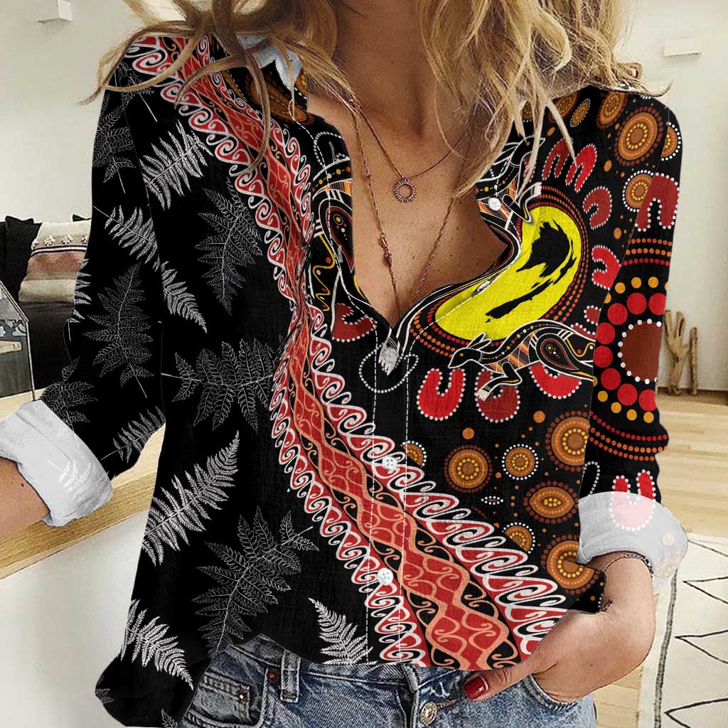 Aotearoa and Australia Women Casual Shirt Maori Koru Ferns With Aboriginal Kangaroo